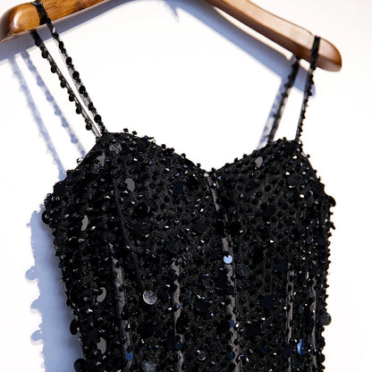Exquisite A-Line Spaghetti Strap Evening Gowns Sequins Black Tulle Prom Dress AP5899