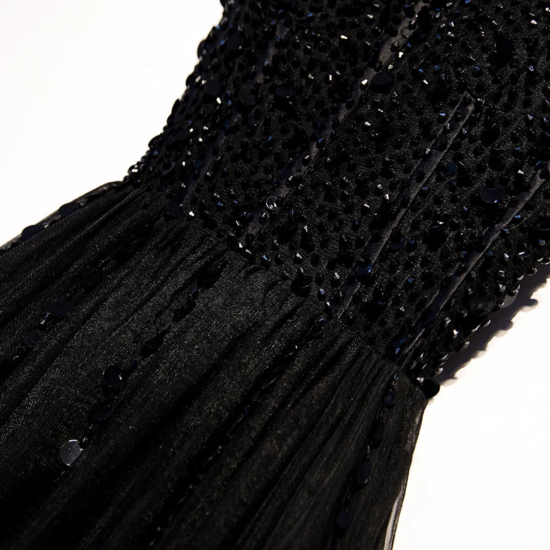 Exquisite A-Line Spaghetti Strap Evening Gowns Sequins Black Tulle Prom Dress AP5899