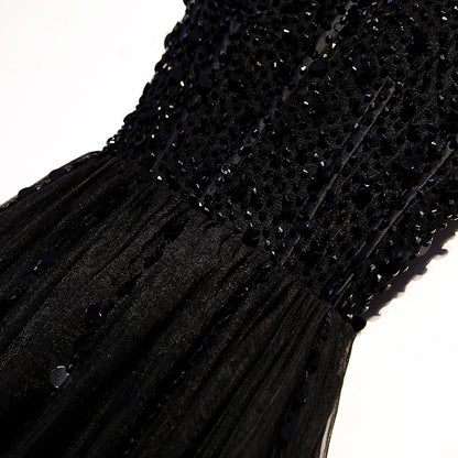 Exquisite A-Line Spaghetti Strap Evening Gowns Sequins Black Tulle Prom Dress AP5899