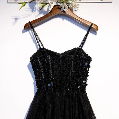 Exquisite A-Line Spaghetti Strap Evening Gowns Sequins Black Tulle Prom Dress AP5899