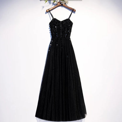 Exquisite A-Line Spaghetti Strap Evening Gowns Sequins Black Tulle Prom Dress AP5899