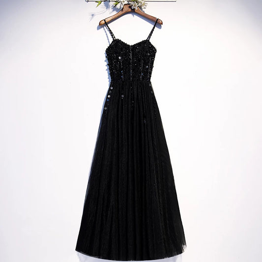 Exquisite A-Line Spaghetti Strap Evening Gowns Sequins Black Tulle Prom Dress AP5899