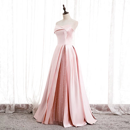 Refined Strapless A-Line Pink Sweet 16th Gowns Satin Beads Tulle Prom Dress AP5901