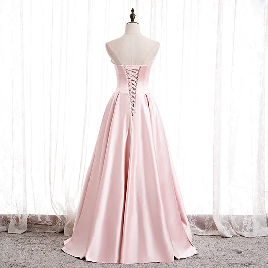 Refined Strapless A-Line Pink Sweet 16th Gowns Satin Beads Tulle Prom Dress AP5901