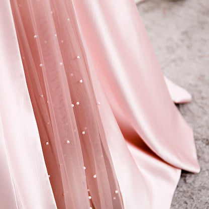 Refined Strapless A-Line Pink Sweet 16th Gowns Satin Beads Tulle Prom Dress AP5901