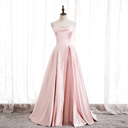 Refined Strapless A-Line Pink Sweet 16th Gowns Satin Beads Tulle Prom Dress AP5901