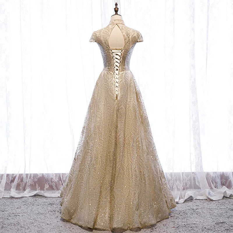 Beautiful Cutout High Collar A-Line Sweet 16th Gowns Sequins Beading Prom Dress AP5902
