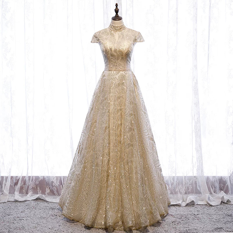 Beautiful Cutout High Collar A-Line Sweet 16th Gowns Sequins Beading Prom Dress AP5902