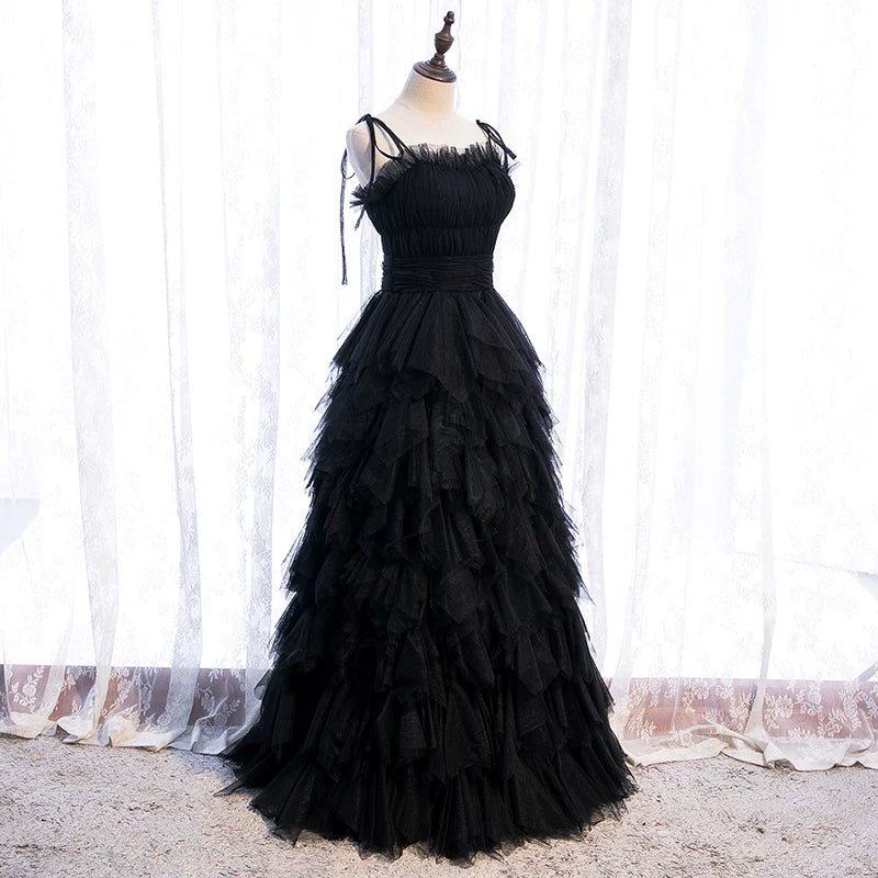 Enchanting A-Line Spaghetti Strap Evening Gowns Ruffled Tulle Black Prom Dress AP5903