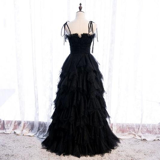 Enchanting A-Line Spaghetti Strap Evening Gowns Ruffled Tulle Black Prom Dress AP5903