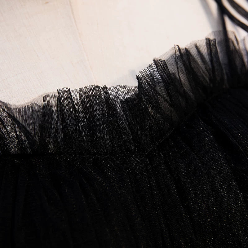 Enchanting A-Line Spaghetti Strap Evening Gowns Ruffled Tulle Black Prom Dress AP5903