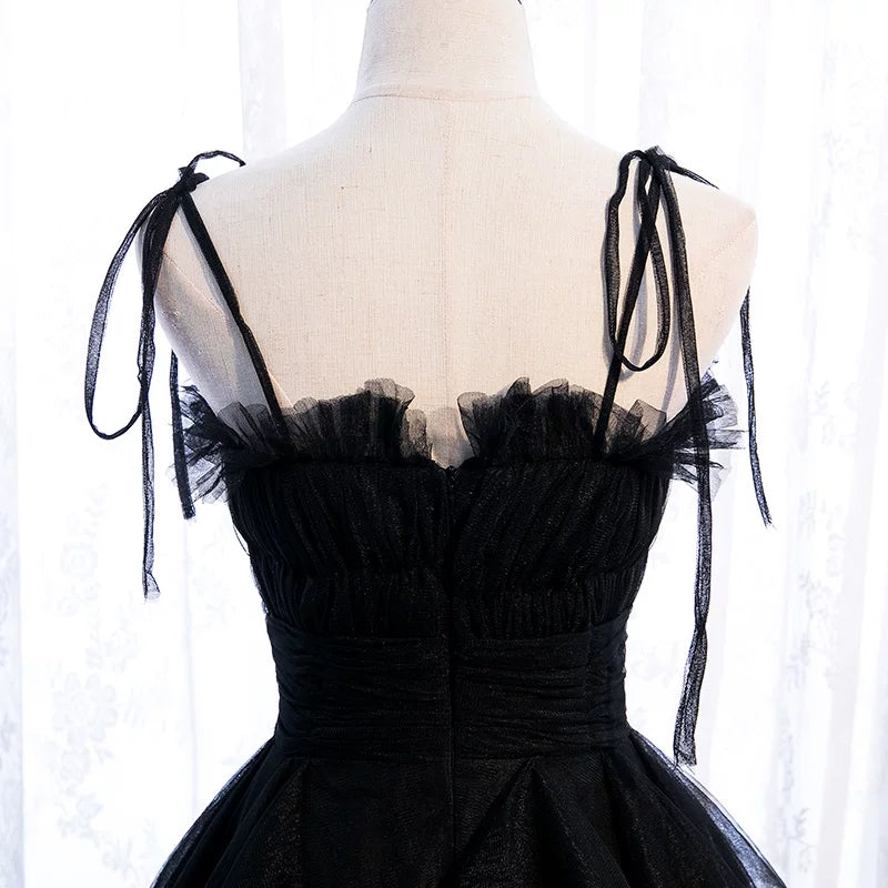 Enchanting A-Line Spaghetti Strap Evening Gowns Ruffled Tulle Black Prom Dress AP5903