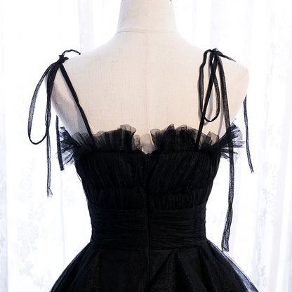 Enchanting A-Line Spaghetti Strap Evening Gowns Ruffled Tulle Black Prom Dress AP5903