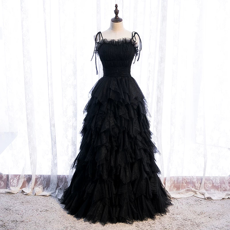 Enchanting A-Line Spaghetti Strap Evening Gowns Ruffled Tulle Black Prom Dress AP5903