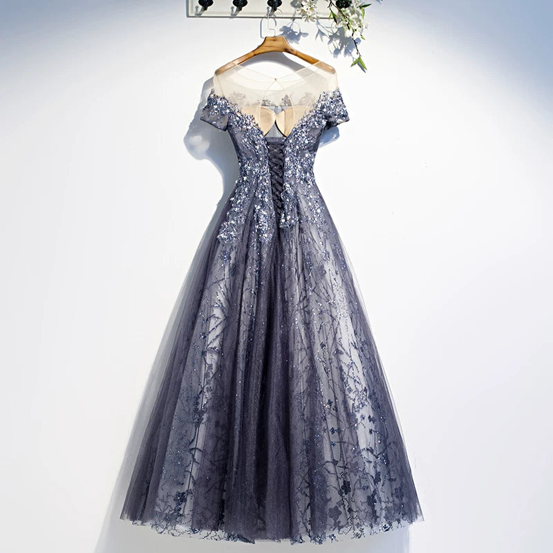 Superb Jewel Neck A-Line Tulle Sweet 16th Gowns Short Sleeve Sequins Prom Dress AP5904