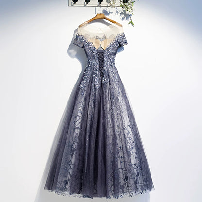 Superb Jewel Neck A-Line Tulle Sweet 16th Gowns Short Sleeve Sequins Prom Dress AP5904