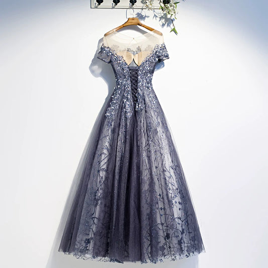 Superb Jewel Neck A-Line Tulle Sweet 16th Gowns Short Sleeve Sequins Prom Dress AP5904