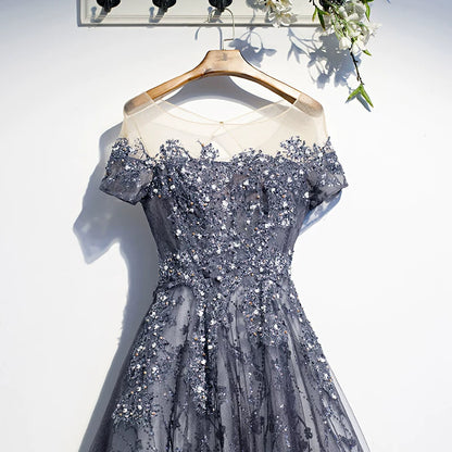 Superb Jewel Neck A-Line Tulle Sweet 16th Gowns Short Sleeve Sequins Prom Dress AP5904
