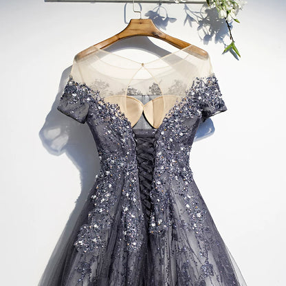 Superb Jewel Neck A-Line Tulle Sweet 16th Gowns Short Sleeve Sequins Prom Dress AP5904