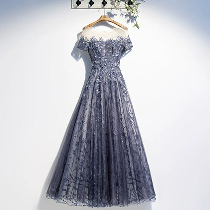 Superb Jewel Neck A-Line Tulle Sweet 16th Gowns Short Sleeve Sequins Prom Dress AP5904