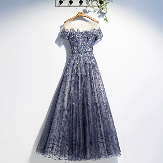 Superb Jewel Neck A-Line Tulle Sweet 16th Gowns Short Sleeve Sequins Prom Dress AP5904