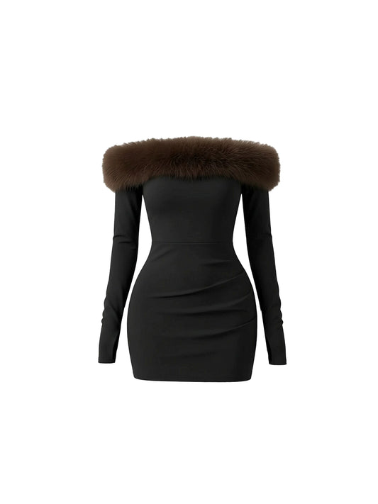 Wonderful Off-Shoulder Long Sleeve Black Bodycon Mini Skirt Chic Brown Faux Fur Trim Short Dress AP5905