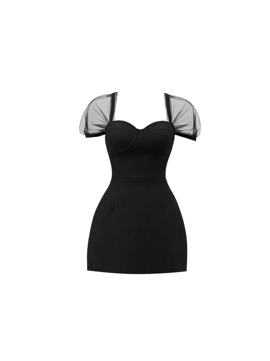 Amazing Sheer Mesh Puff Sleeves Black Mini Skirt Glamorous Sweetheart Neckline Bodycon Short Dress AP5906