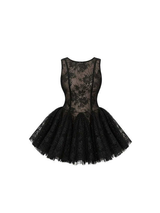 Appealing Sleeveless Crew Neck Strapless Mini Skirt Sexy Sheer Black Lace Tulle Tutu A-Line Short Dress AP5907