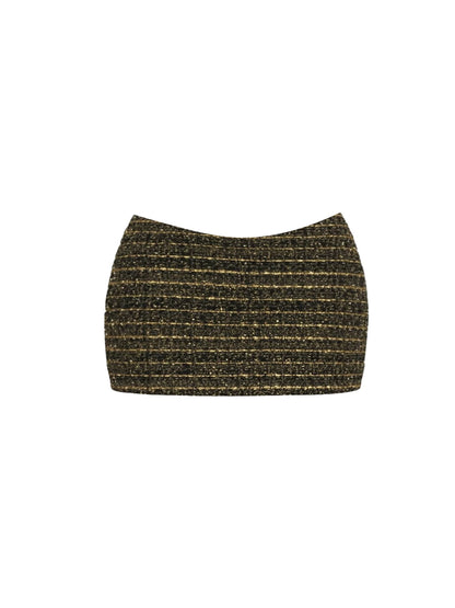 Fascinating Off-Shoulder Long Sleeve Bodycon Mini Skirt Chic Black Top Faux Fur Collar Two-Piece Gold-Striped Tweed Short Dress AP5908