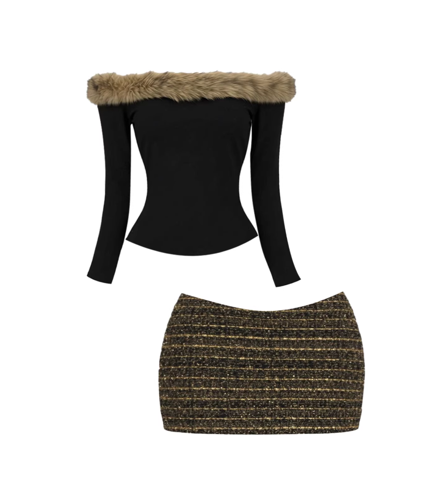 Fascinating Off-Shoulder Long Sleeve Bodycon Mini Skirt Chic Black Top Faux Fur Collar Two-Piece Gold-Striped Tweed Short Dress AP5908