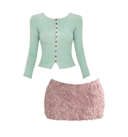 Splendid Jewel Neck Long Sleeve Two-Piece Fuzzy Bodycon Mini Skirt Cozy Pastel Green Ribbed Knit Button-Up Cardigan Pink Short Dress AP5909