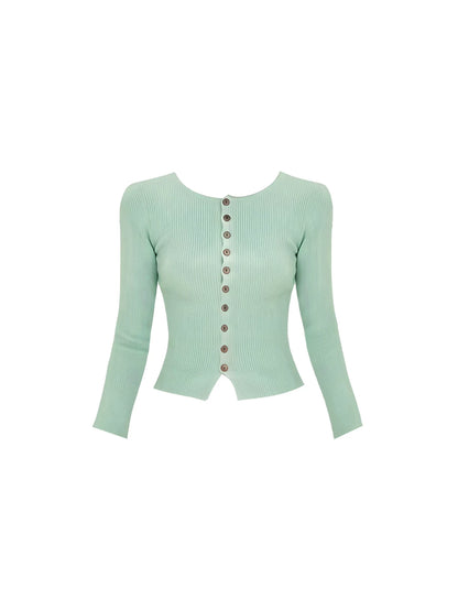 Splendid Jewel Neck Long Sleeve Two-Piece Fuzzy Bodycon Mini Skirt Cozy Pastel Green Ribbed Knit Button-Up Cardigan Pink Short Dress AP5909