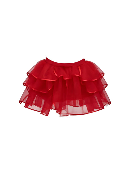 Shiny Corset Top Two-Piece Set A-Line Mini Skirt Sexy Red Off-Shoulder Lace Trim Layered Tulle Short Dress AP5911