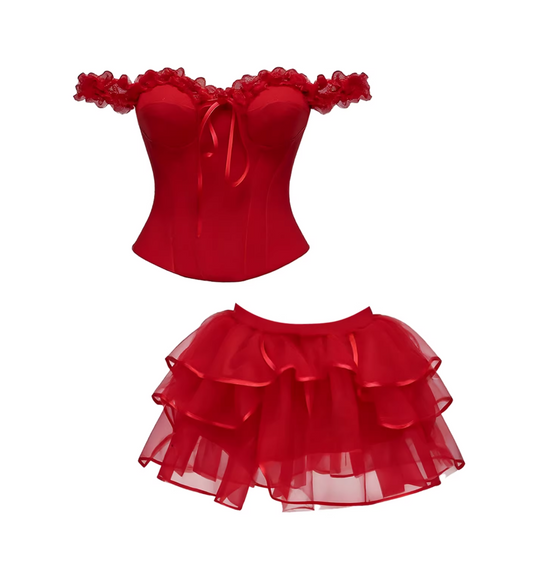 Shiny Corset Top Two-Piece Set A-Line Mini Skirt Sexy Red Off-Shoulder Lace Trim Layered Tulle Short Dress AP5911
