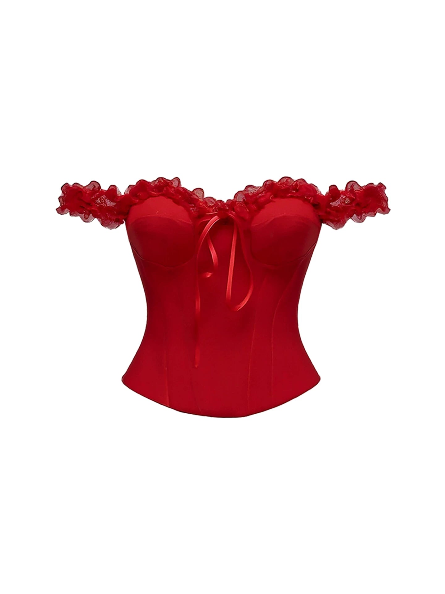 Shiny Corset Top Two-Piece Set A-Line Mini Skirt Sexy Red Off-Shoulder Lace Trim Layered Tulle Short Dress AP5911