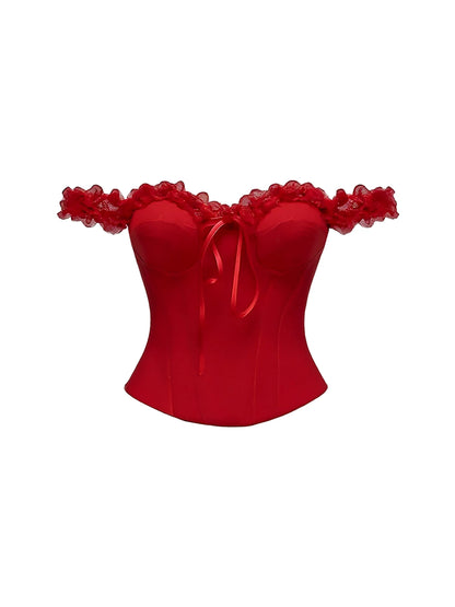 Shiny Corset Top Two-Piece Set A-Line Mini Skirt Sexy Red Off-Shoulder Lace Trim Layered Tulle Short Dress AP5911
