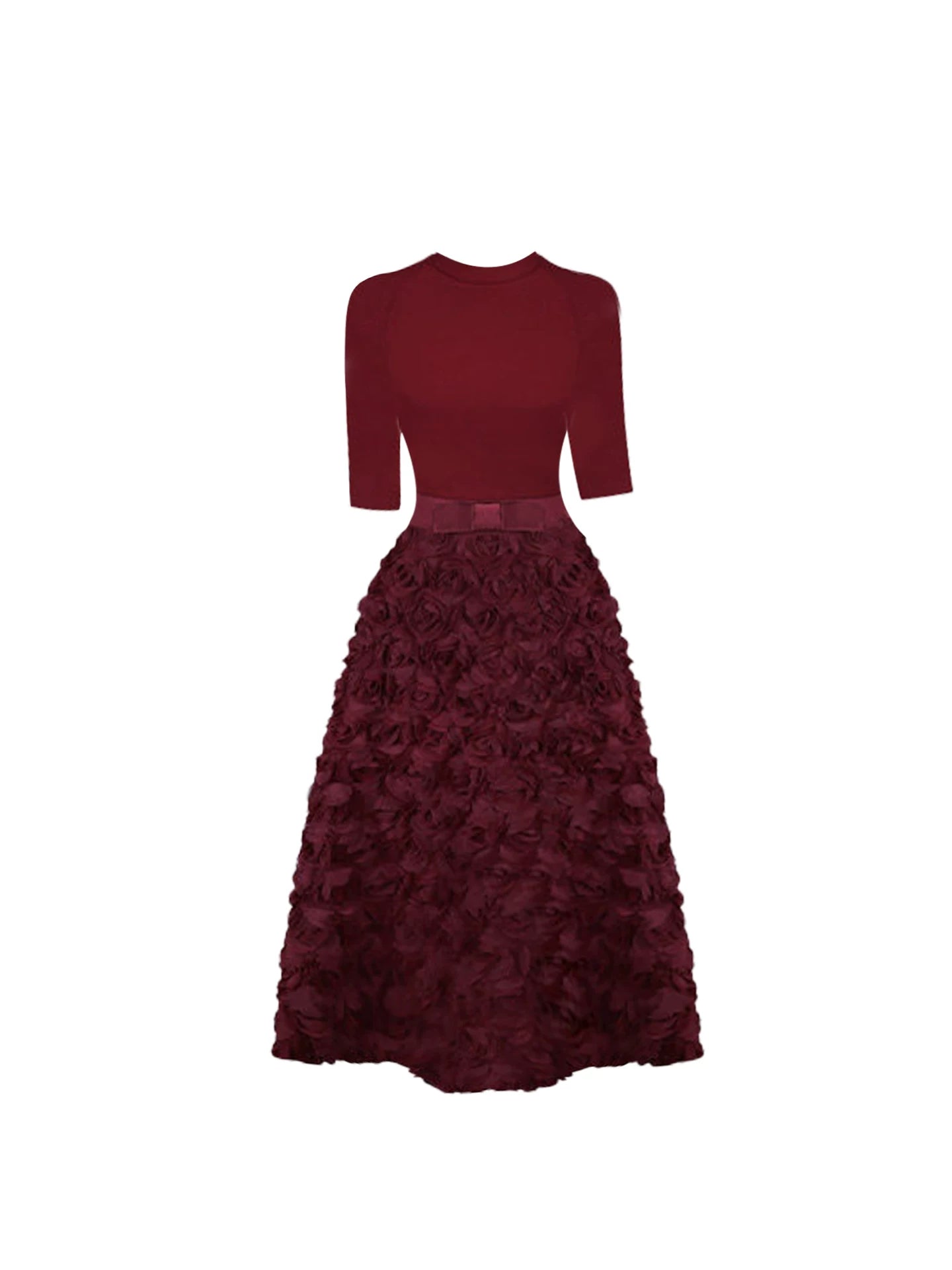 Avant-Garde Long Sleeves 3D Rosette A-Line Maxi Dress Charming Burgundy Crew Neck Long Dress AP5912