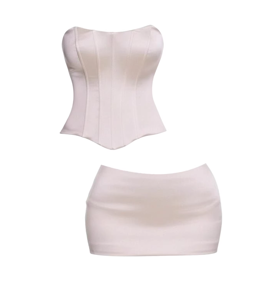 Sleek Strapless Corset Two-Piece Set Bodycon Mini Skirt Fashion Ivory Slim-Fit Top High-Waisted Short Dress AP5915