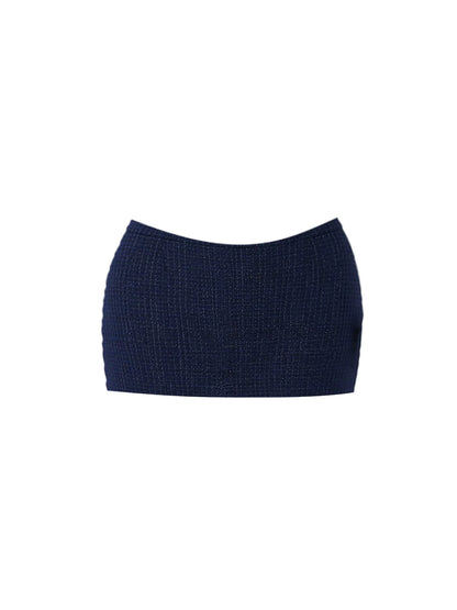 Cozy Knit Crop Top 2-Piece Set Bodycon Mini Dress Romantic Navy & White Halter Neck Buttons Accent Tweed Short Dress AP5917