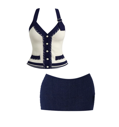 Cozy Knit Crop Top 2-Piece Set Bodycon Mini Dress Romantic Navy & White Halter Neck Buttons Accent Tweed Short Dress AP5917