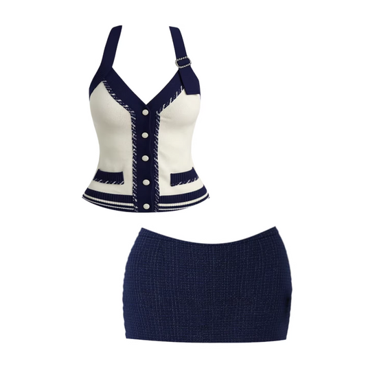 Cozy Knit Crop Top 2-Piece Set Bodycon Mini Dress Romantic Navy & White Halter Neck Buttons Accent Tweed Short Dress AP5917