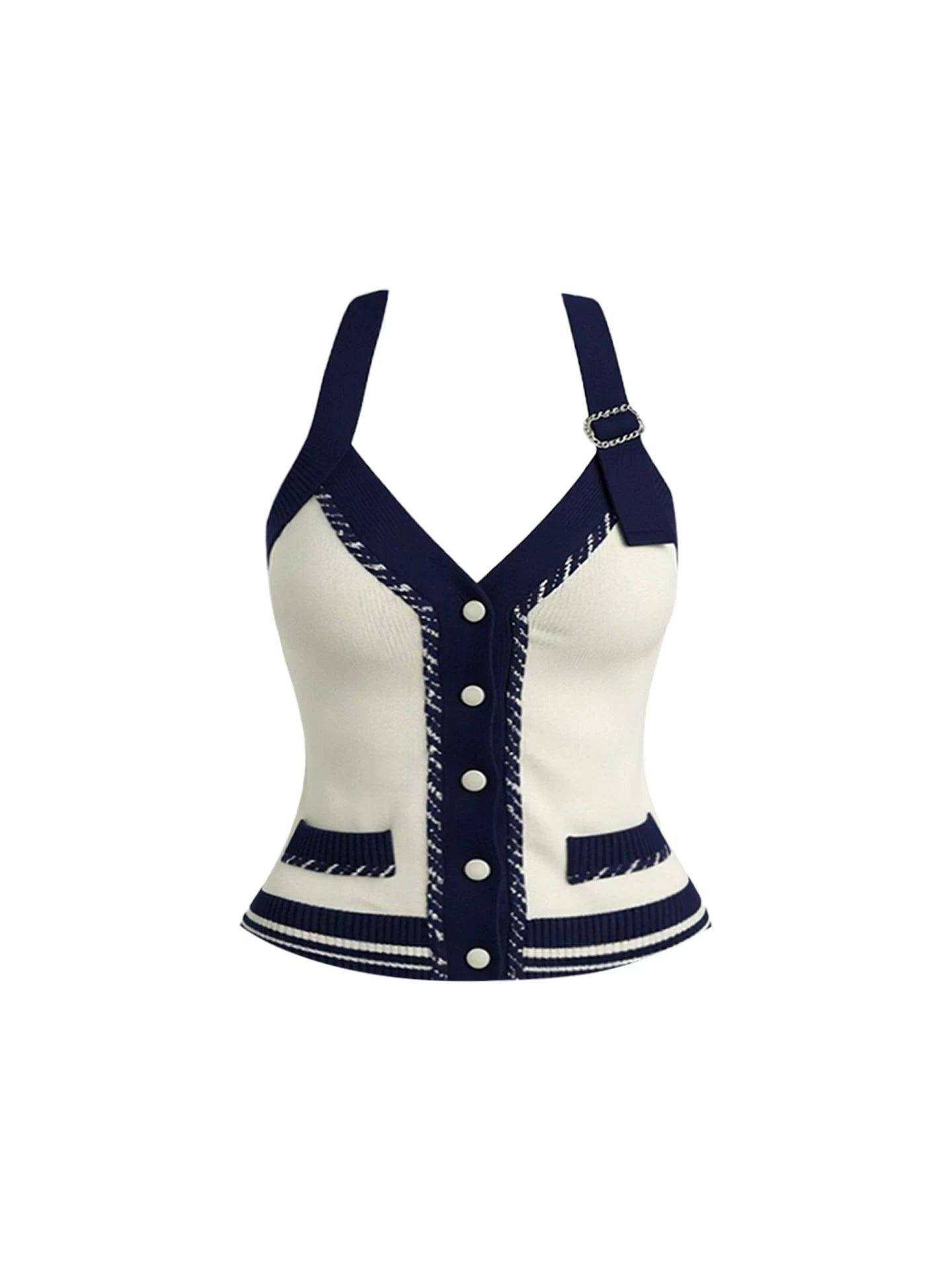 Cozy Knit Crop Top 2-Piece Set Bodycon Mini Dress Romantic Navy & White Halter Neck Buttons Accent Tweed Short Dress AP5917