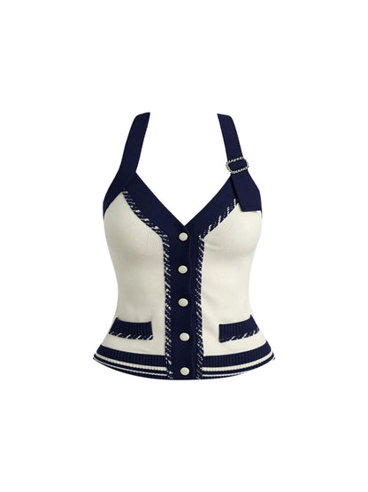 Cozy Knit Crop Top 2-Piece Set Bodycon Mini Dress Romantic Navy & White Halter Neck Buttons Accent Tweed Short Dress AP5917