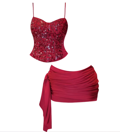 Lustrous Spaghetti Strap Sequin Corset Top & Ruched Bodycon Mini Skirt Sexy Red Sweetheart Neckline Two-Piece Set Short Dress AP5918