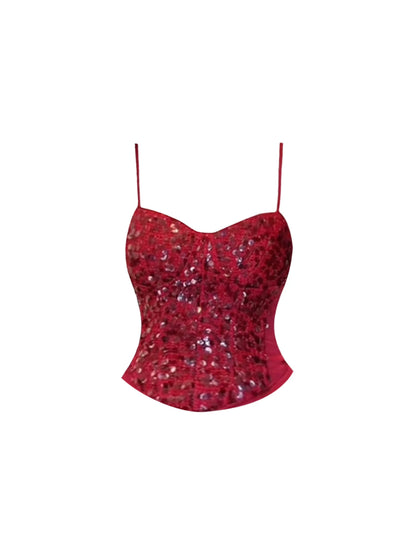 Lustrous Spaghetti Strap Sequin Corset Top & Ruched Bodycon Mini Skirt Sexy Red Sweetheart Neckline Two-Piece Set Short Dress AP5918