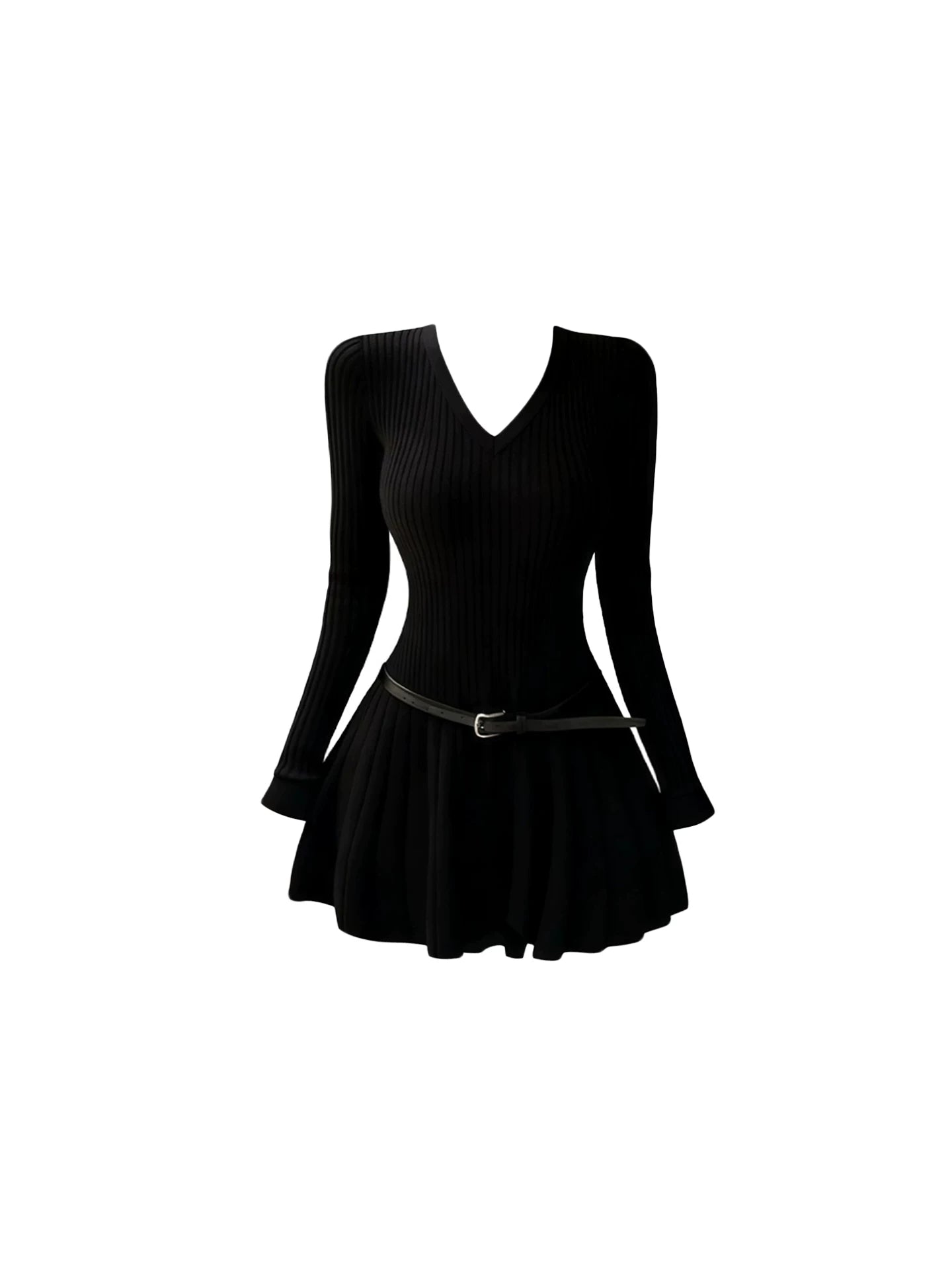 Romantic V Neck A-Line Long Sleeve Mini Skirt Fashion Black Ribbed Knit Belted Waist Flared Short Dress AP5919