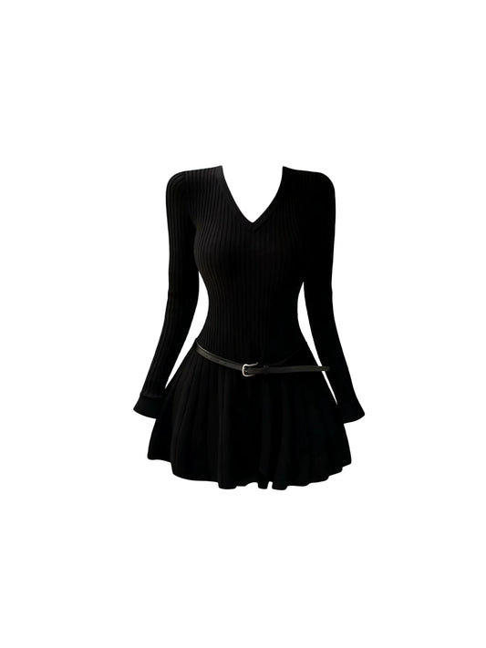 Romantic V Neck A-Line Long Sleeve Mini Skirt Fashion Black Ribbed Knit Belted Waist Flared Short Dress AP5919