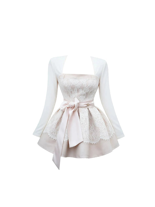 Ornate Satin Bow Belt A-Line White Long Sleeve Mini Skirt Delicate Blush Lace Square Neck Short Dress AP5920