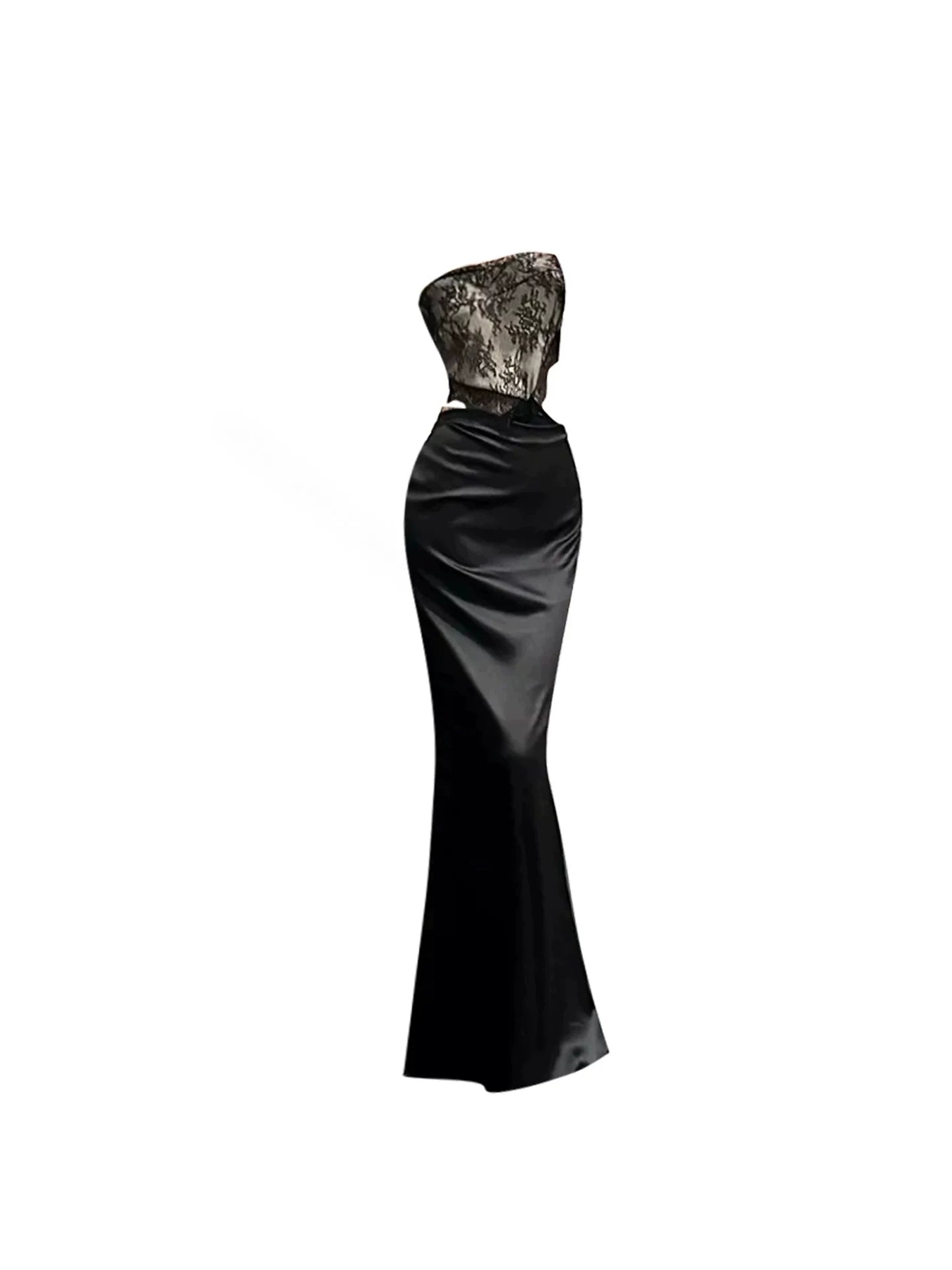 Chic Strapless Black Satin Mermaid Maxi Dress Luxurious Lace Appliques Bustier Long Dress AP5922