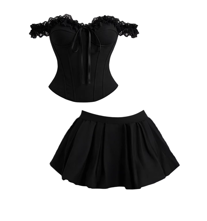 Luxury Lace Trim Corset Top & Pleated A-Line Mini Skirt Gothic Black Off-Shoulder Two-Piece Set Short Dress AP5924